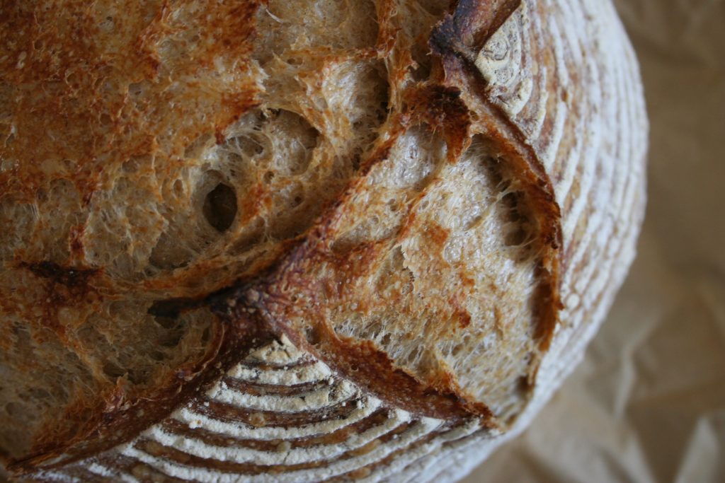 close up of baked rustic sourdough bread